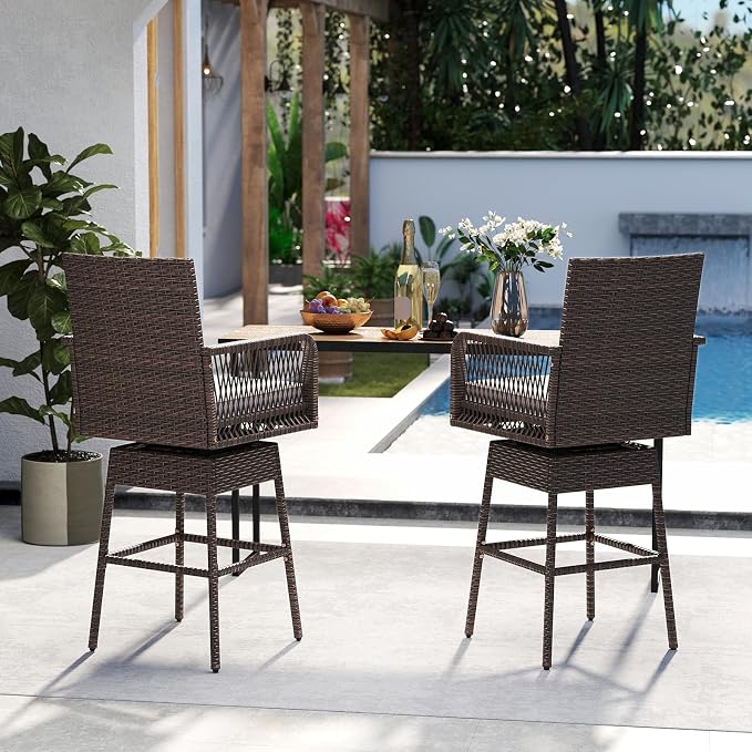 ORALNER Outdoor Wicker Swivel Bar Stools Set of 2, Footrest & Seat Cushion - Image 6
