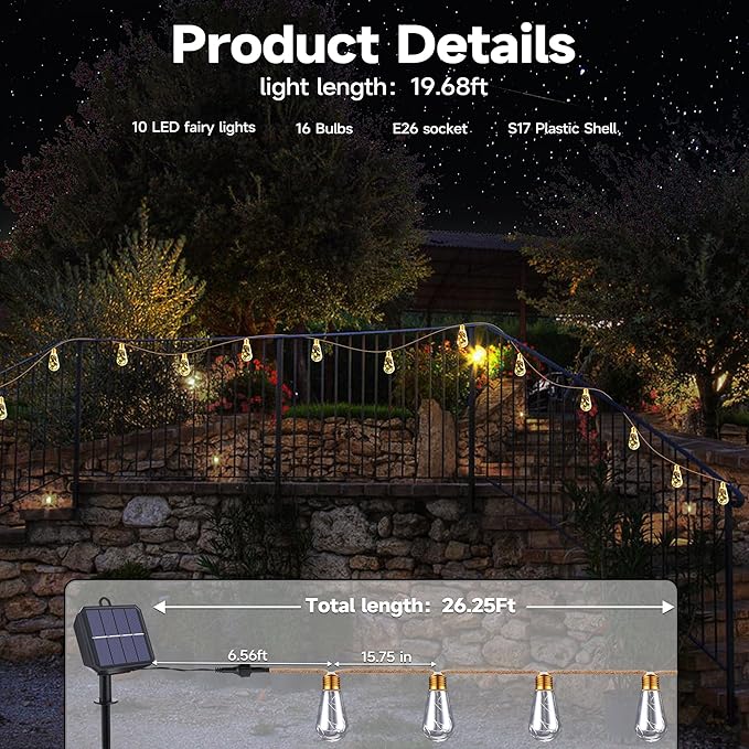 Solar Outdoor String Lights, 2 Pack 20Ft Vintage Rope Hemp Solar Patio Lights - Image 5