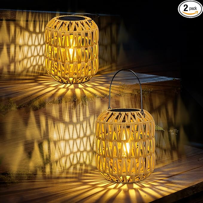 2 Pack Solar Lanterns Outdoor Waterproof, Rattan Solar Lantern by Livinlarge