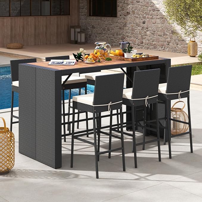 7-Piece Outdoor Wicker Bar Set, PE Rattan Bar Height Dining Set by TOOLSEMPRE