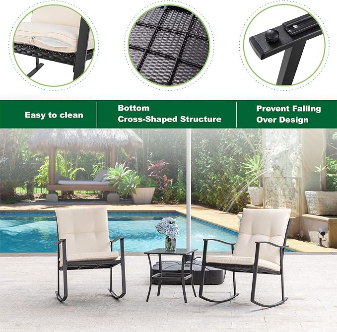 Shintenchi Outdoor 3-Piece Rocking Bistro Set, Wicker Patio Furniture Porch - Image 6