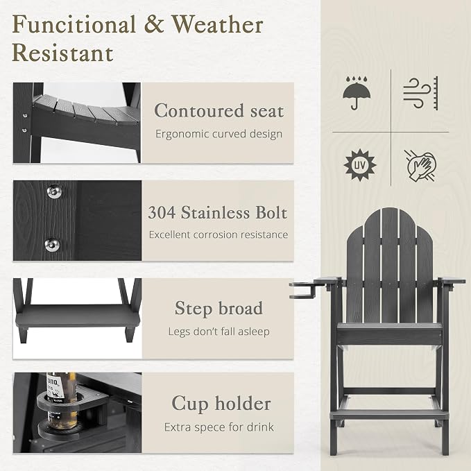 LUE BONA Tall Adirondack Chair Set of 4, All Weather HDPS Bar Height Chairs - Image 4