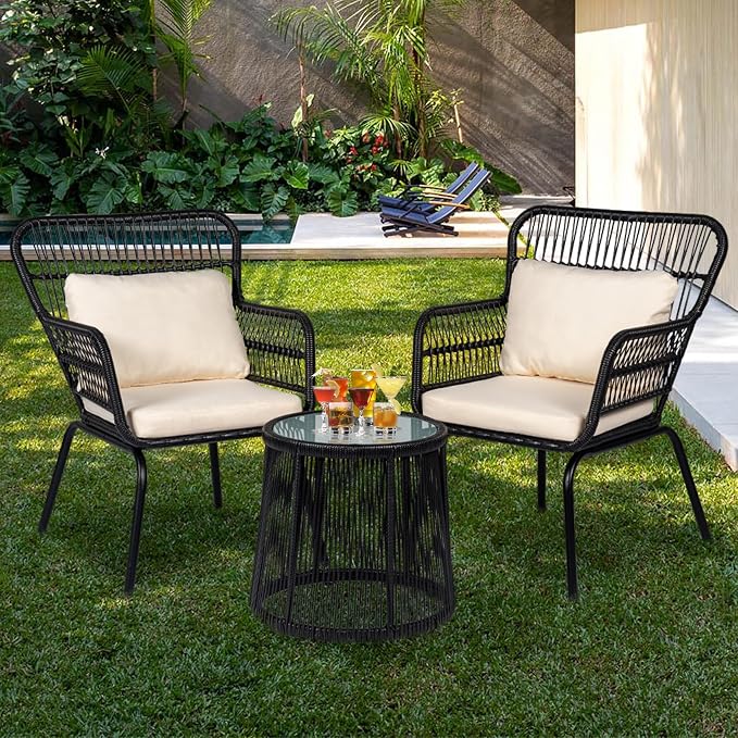3 Piece Outdoor Wicker Furniture Bistro Set, Rattan Chairs Conversation Sets - Image 7