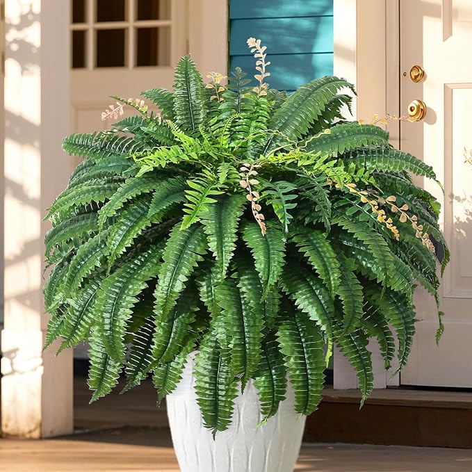 128 Leaves Fake Ferns, Large Artificial Boston Fern, Faux Fern Plants by FAJUNZH