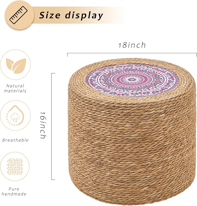 Handwoven Ottoman Pouf, Natural Seagrass Footstool, Round Braided Outdoor Seat - Image 3
