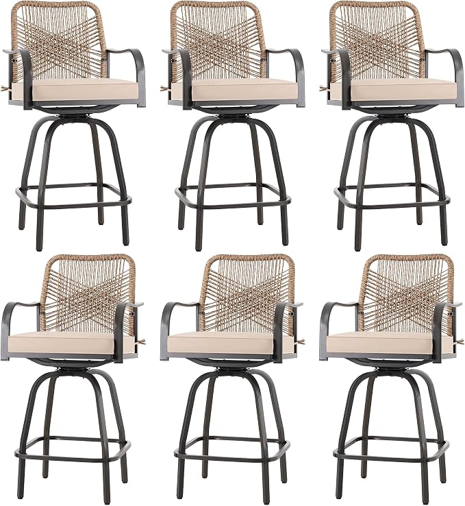Patio Swivel Bar Stools Set of 6, Outdoor Rattan Height Bar Patio Swivel Chairs by Godappe