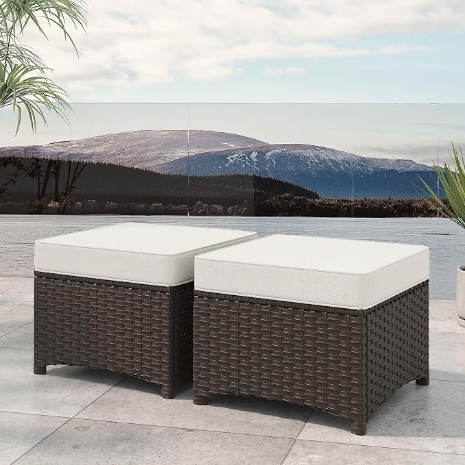 Patio Ottomans Set of 2, Outdoor 22" x 22" PE Wicker Ottoman by Welcome