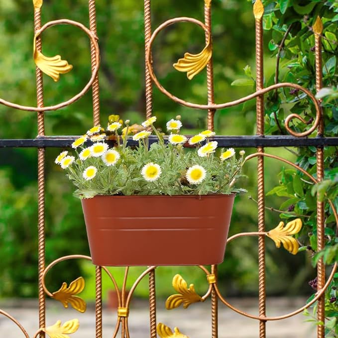 3 Pack Metal Railing Planters, 10.5" Oval Hanging Flower Pots - Image 7