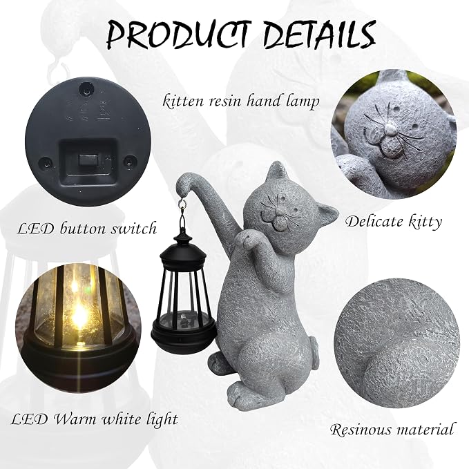 Cat Solar Garden Statues, Resin Cat Figurine Decorations - Image 6