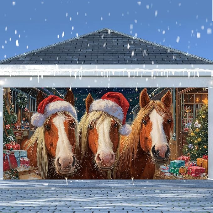Christmas Garage Door Decorations 6x13FT, Three Horses - Image 2