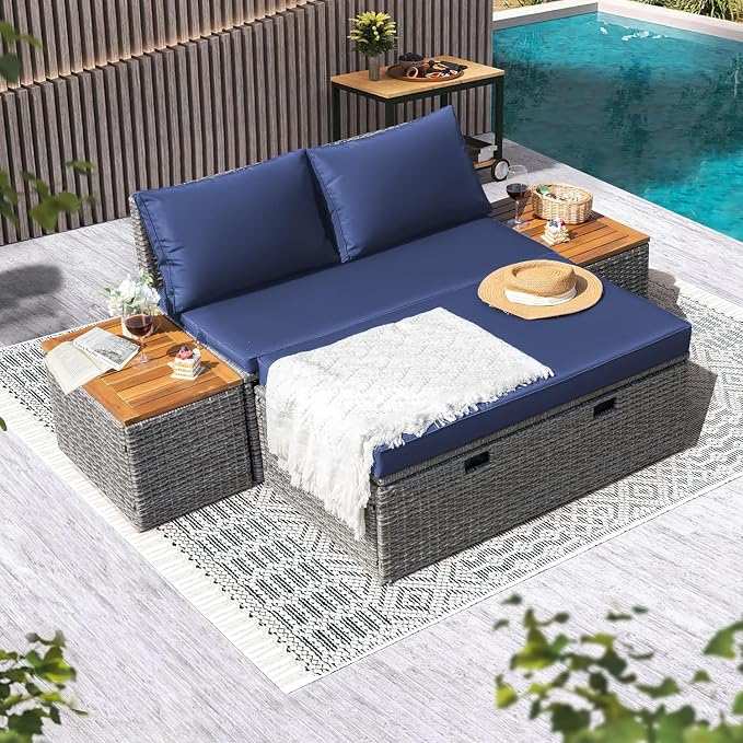 Devoko Patio Day Bed Outdoor Daybed Set Multifunctional Rattan Lounge Bed - Image 2