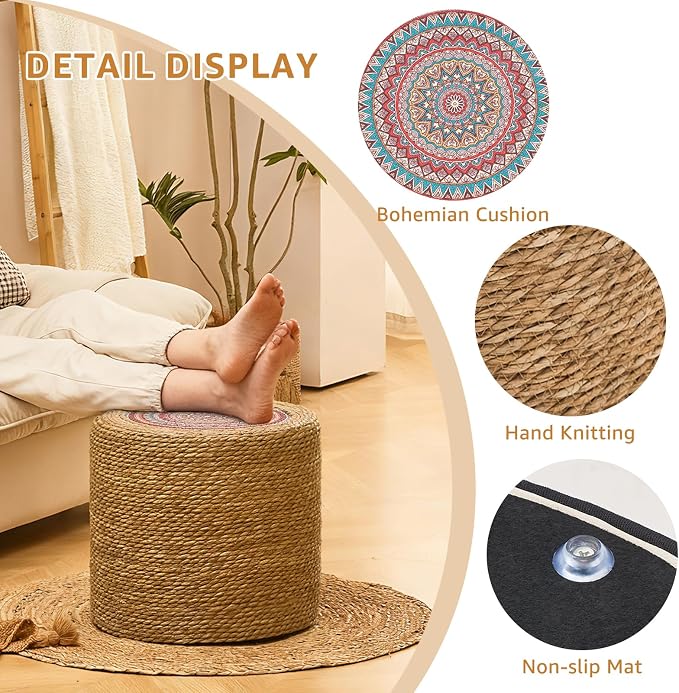 Wimarsbon Round Pouf Ottomans, Handwoven Natural Water Hyacinth Seagrass Pouffe - Image 4