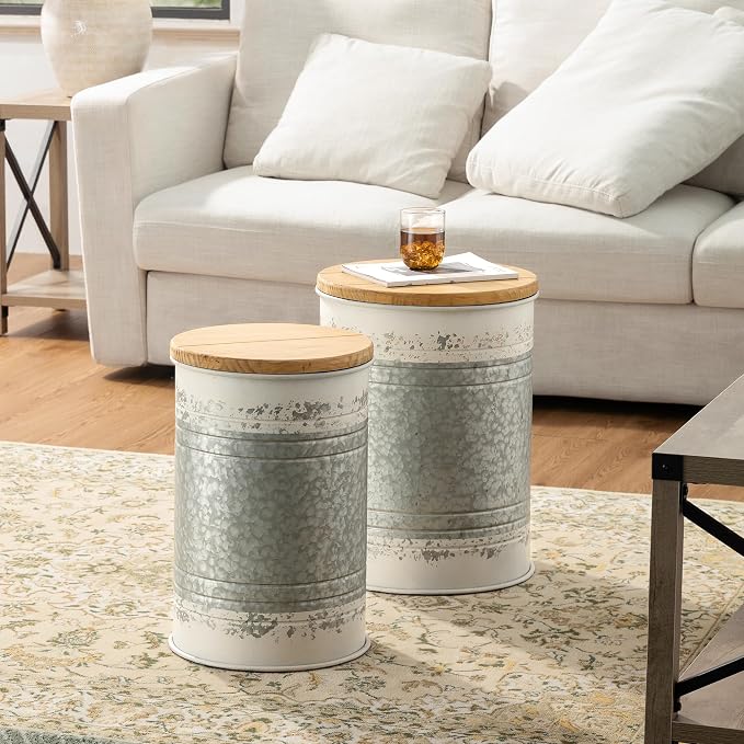 Glitzhome Rustic End Table Set of 2, Farmhouse Galvanized Metal Barrel Ottoman by Glitzhome