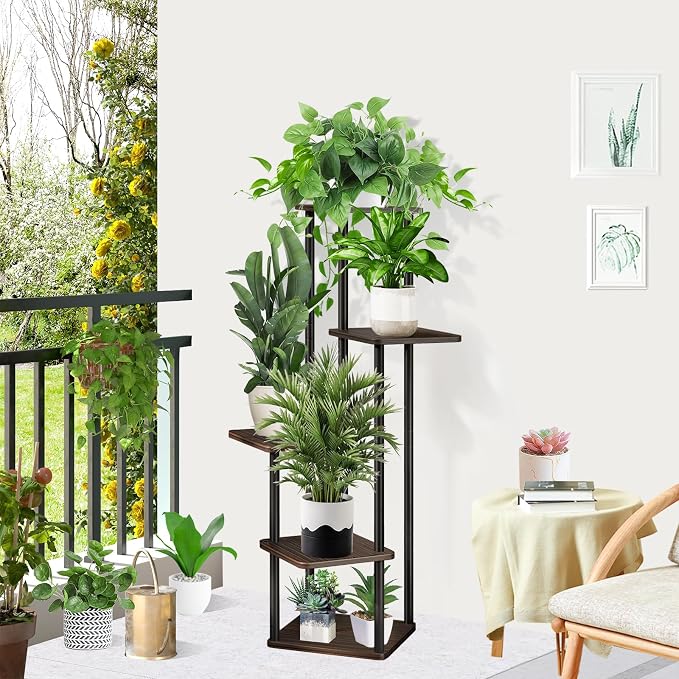 5 Tier Wood Tall Plant Stand Metal Rack Indoor, Planter Shelf Display Rack - Image 7