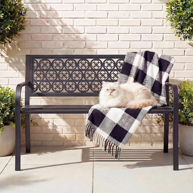 44" Outdoor Garden Bench, Iron Metal Frame Patio Bench by Home