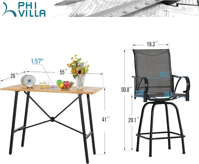 PHI VILLA 5 Piece Patio Bar Set, High Top Outdoor Dining Table and Chairs - Image 6