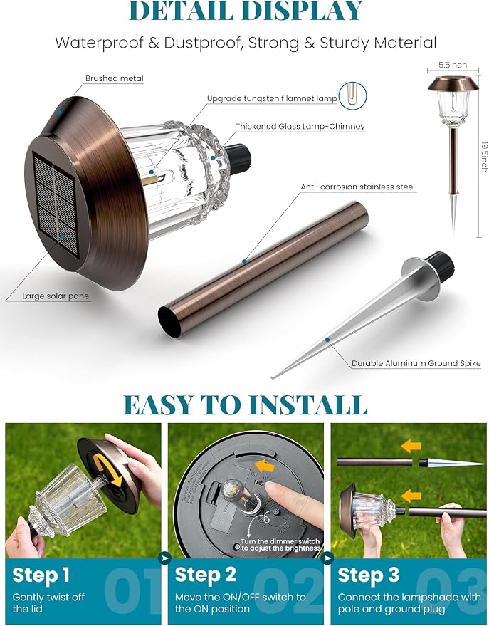 Solar Lights Outdoor Waterproof, 6 Pack Bronze Pathway Lights - Image 4