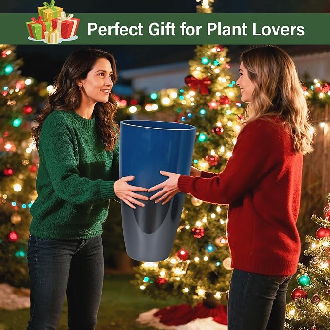 Set of 2 Lightweight Ceramic-Look Tall Planter, 21 inch Large Plastic Planter - Image 9