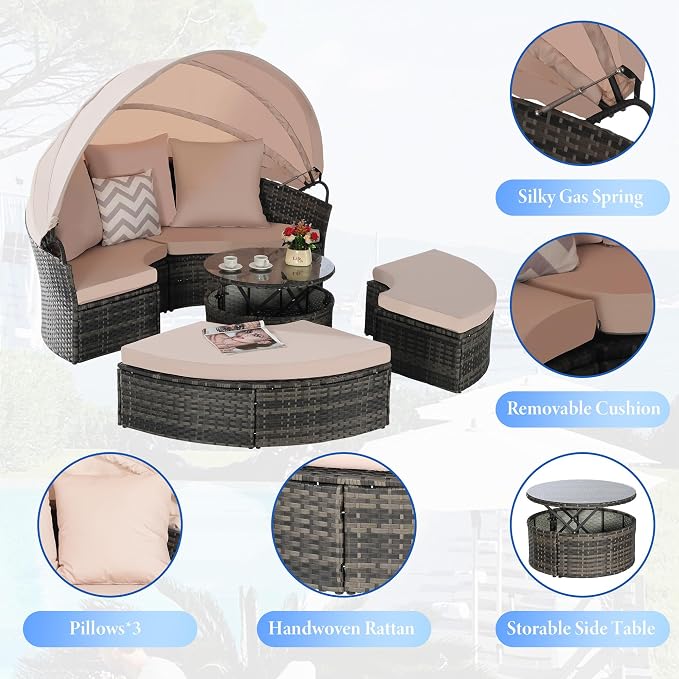 Merax 5 Pieces Outdoor Patio Round Daybed Furniture, All-Weather Wicker - Image 5