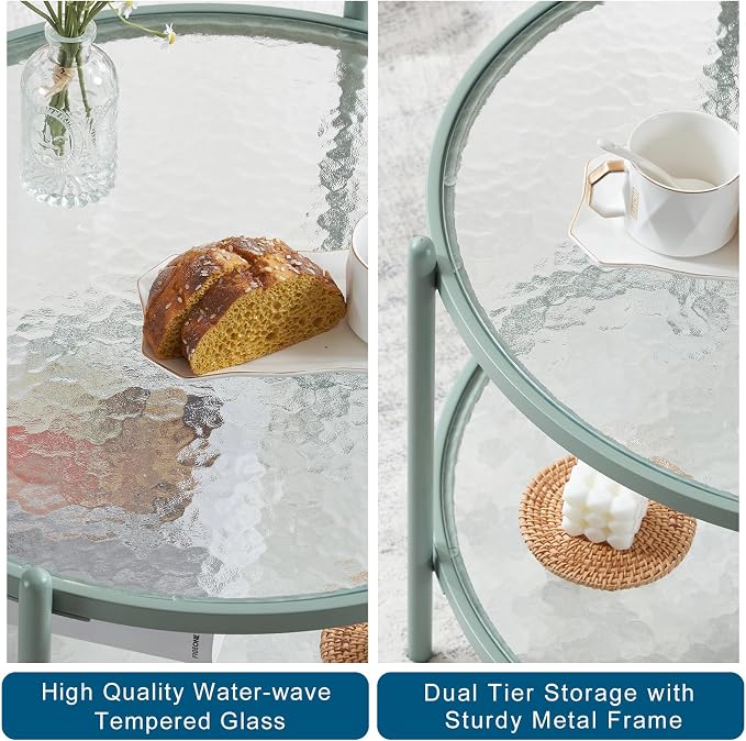 VINGLI 25.6" Small Light Bright Green Round Coffee Table Water-Wave Glass - Image 4