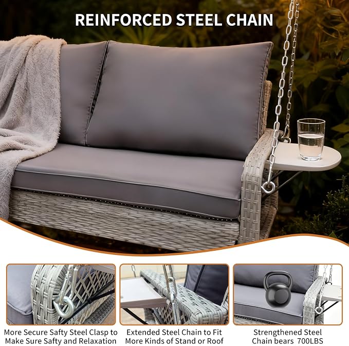 Wicker Porch Swing | 2 Seat Outdoor Porch Swing I 700lbs Heavy Duty Rattan - Image 6