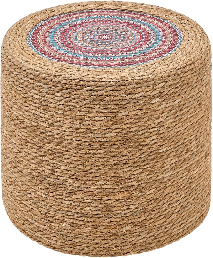 Wimarsbon Round Pouf Ottomans, Handwoven Natural Water Hyacinth Seagrass Pouffe by Wimarsbon