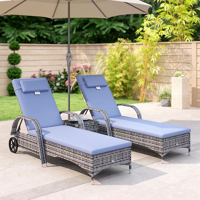 Outsunny Wicker Outdoor Chaise Lounge Chair Set of 3 - Image 9