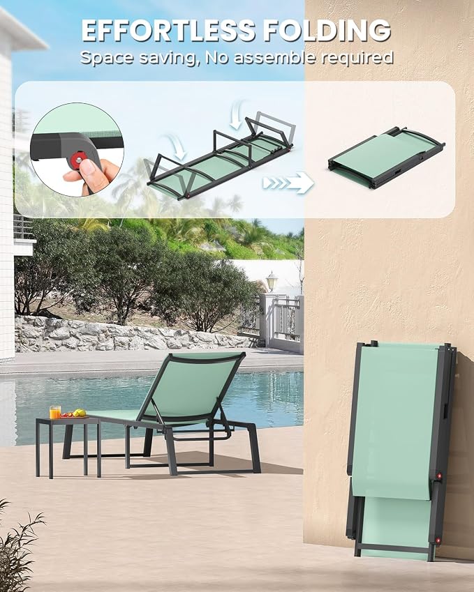 Aluminum Chaise Lounge Chair Outdoor, Foldable & Assembly Free Patio Pool - Image 3