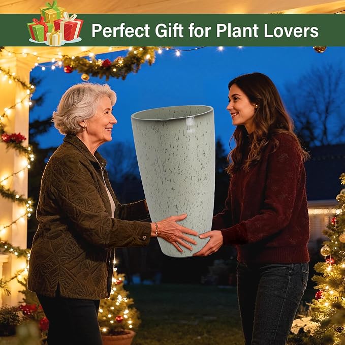 Set of 2 Lightweight Ceramic-Look Tall Planter, 21 inch Large Plastic Planter - Image 9