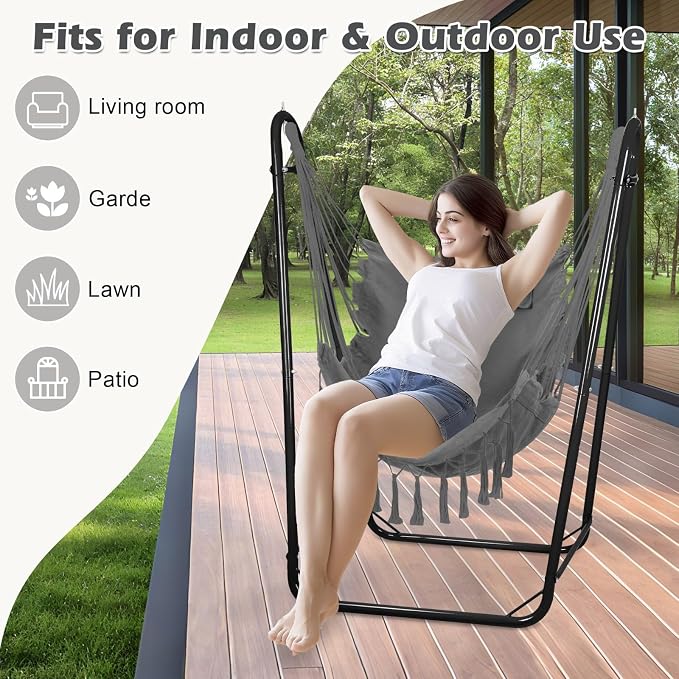 Hammock Chair with U Shape Stand, Cotton Swing Chair with Side Pocket, - Image 7