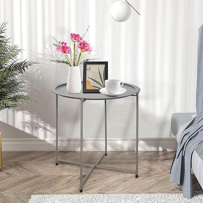 Garden 4 you Folding Tray Metal Side Table 2PC Grey Round End Table Cyan Sofa - Image 5