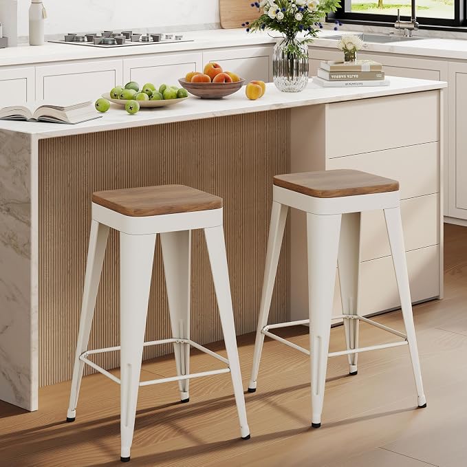 Bar Stools Set of 2 Metal Bar Stool Counter Height Bar Stools White, Modern 24" by POINTANT