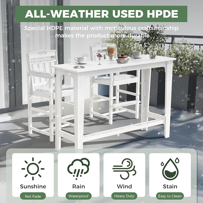 Outdoor Patio Bar Height Table and Tall Adirondack Chairs Set of 2, All-Weather - Image 2