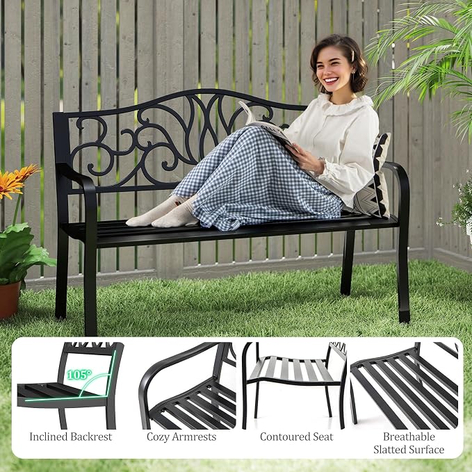 Tangkula 50 Inches Outdoor Garden Park Bench, Cast Iron Metal Front Porch - Image 5