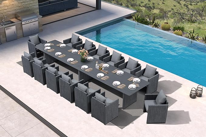 PURPLE LEAF 15 Pieces Outdoor Dining Table Set Modern Extra Large by PURPLELEAF
