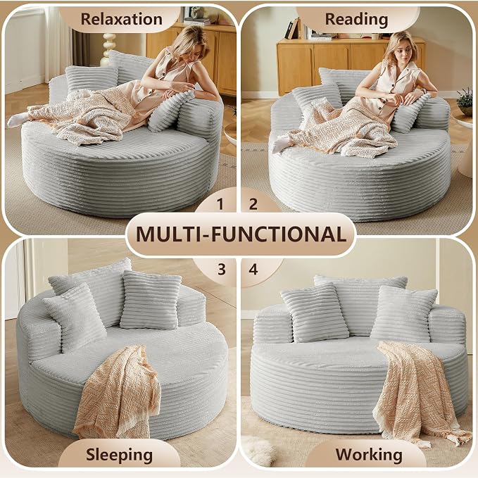 Oversized Round Chair Lounge Chaise Indoor, Upholstered Corduroy Deep Seat - Image 9