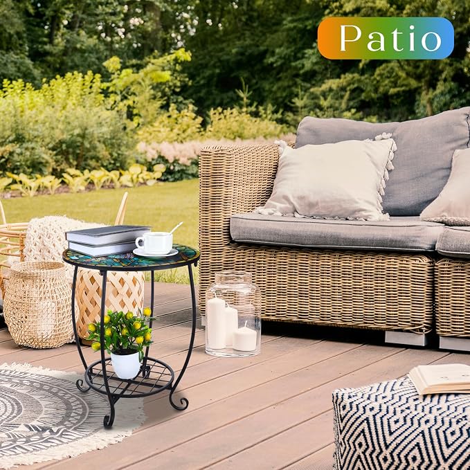Outdoor Side Table Round Small Mosaic Patio Accent Indoor End Plant Coffee Tea - Image 2