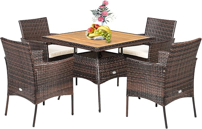 Tangkula 5 Pieces Wicker Patio Dining Set, Outdoor Acacia Wood Dining Furniture by TANGKULA