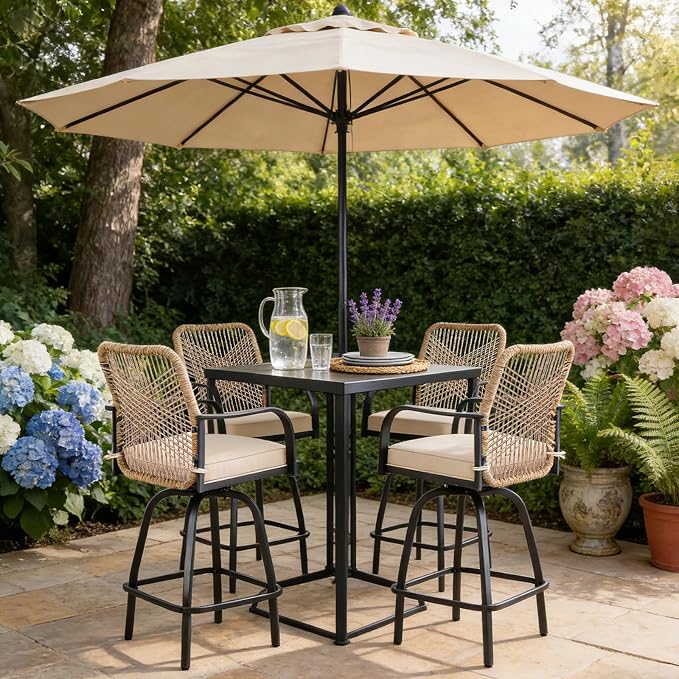 Outdoor Bar Stools Set of 4, 360° Swivel Metal Frame, Wicker Patio Bar Height - Image 9