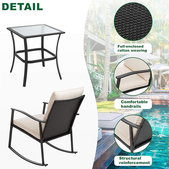 Shintenchi Outdoor 3-Piece Rocking Bistro Set, Wicker Patio Furniture Porch - Image 3