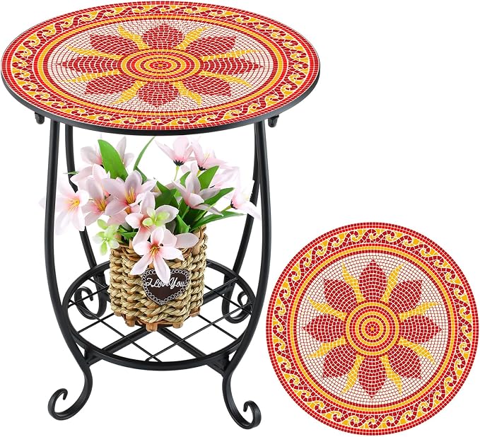 Outdoor Side Table Round Small Mosaic Patio Accent Indoor End Plant Coffee Tea by Cinnvoice