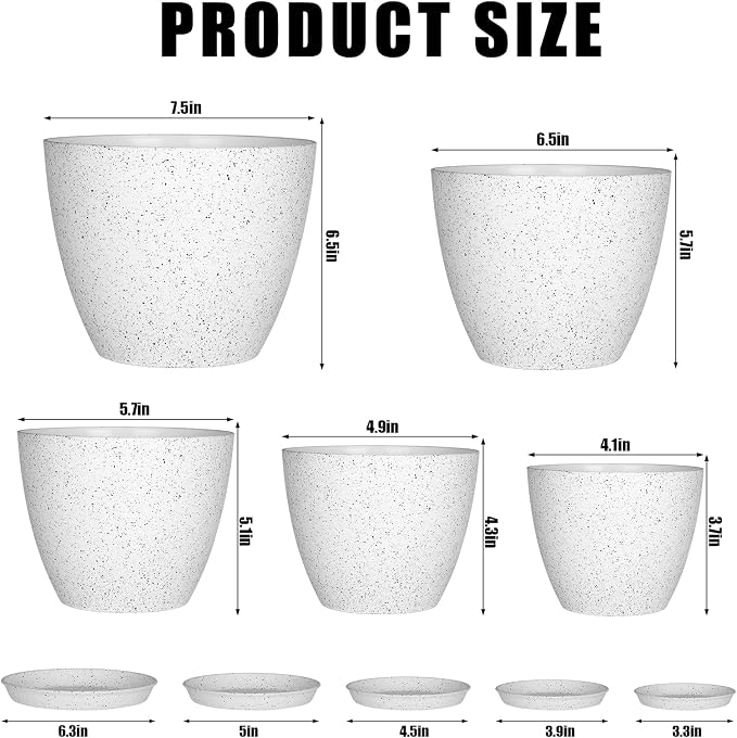 5 Pcs Plant pots, 7.5/6.5/5.7/4.9/4.1 inch Pots - Image 2