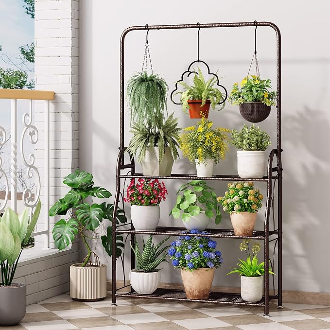 SORCEDAS Plant Stand Indoor Outdoor 3 Tier Tall Corner Hanging Shelf Metal - Image 8