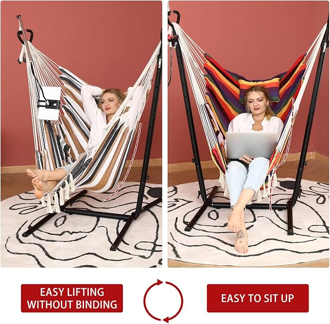ZEYU Hammock Chair with Stand Double Hammock Chair Bohemian Style with Tassel - Image 2