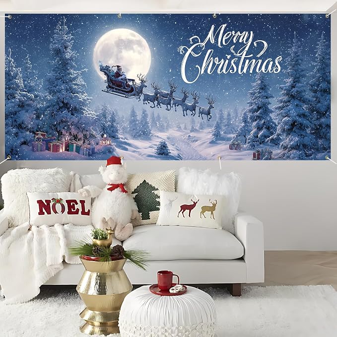 Merry Christmas Garage Door Cover 6x13FT, Santa Sleigh Flying Across Full Moon - Image 5