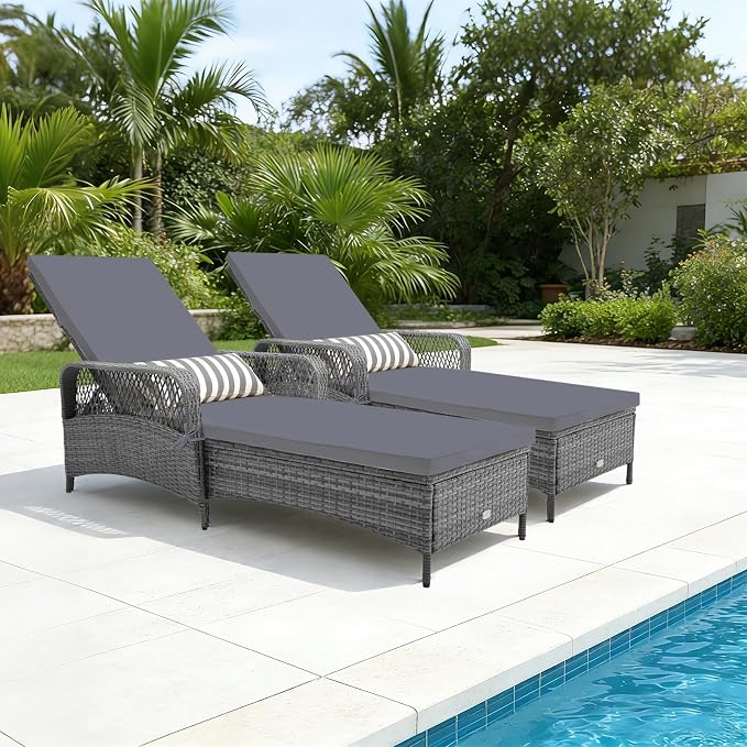 Tangkula Wicker Chaise Lounge Outdoor Set of 2, Patio Rattan Reclining Chaise - Image 2