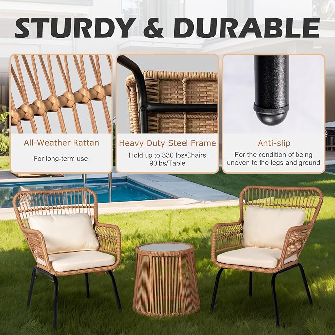 3 Piece Outdoor Wicker Furniture Bistro Set, Rattan Chairs Conversation Sets - Image 2