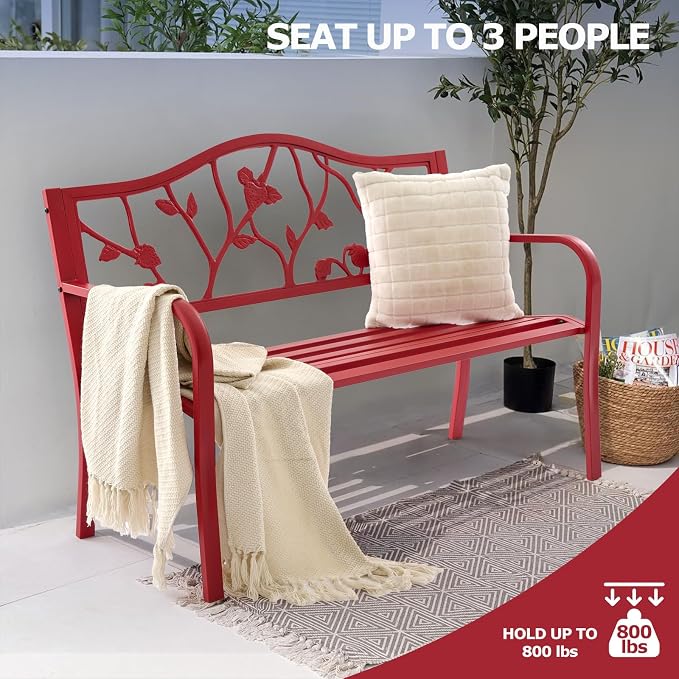 50” Strawberry Outdoor Garden Bench, Weatherproof Sturdy Cast Iron Metal Frame - Image 6