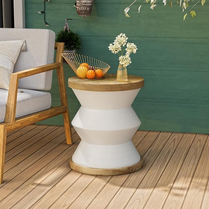 COSIEST White Outdoor Side Table, Round MgO Concrete End Patio Side Table - Image 7