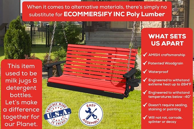 Poly Lumber Wood 4FT Porch Swing Amish Craftsmandship Made in USA HDPE - Image 3